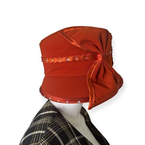 Vintage Milano New York Cloche Hat with Elegant Box Rhinestone Accents in Orange - Picture 3 of 8